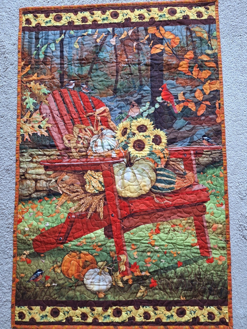 Fall Harvest Quilt Wall Hanging Sunflowers Pumpkins Birds Autumn Decor ~ 28x42